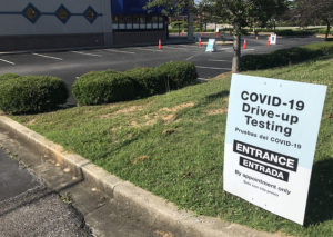 A drive up COVID-19 testing site, June 2020, at an empty pharmacy in Birmingham, Alabama